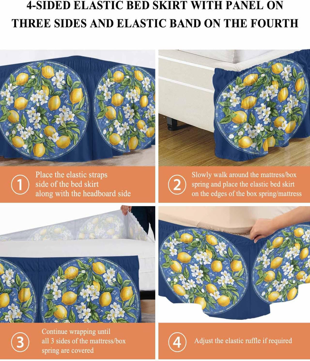 Bed Skirt Boho Summer Yellow Lemons Navy Blue Ruffle Bed Skirt Wrap Around Bed Skirts for Queen Beds 16" Drop,Adjustable Elastic Dust Ruffles Easy Fit and Wrinkle-Free