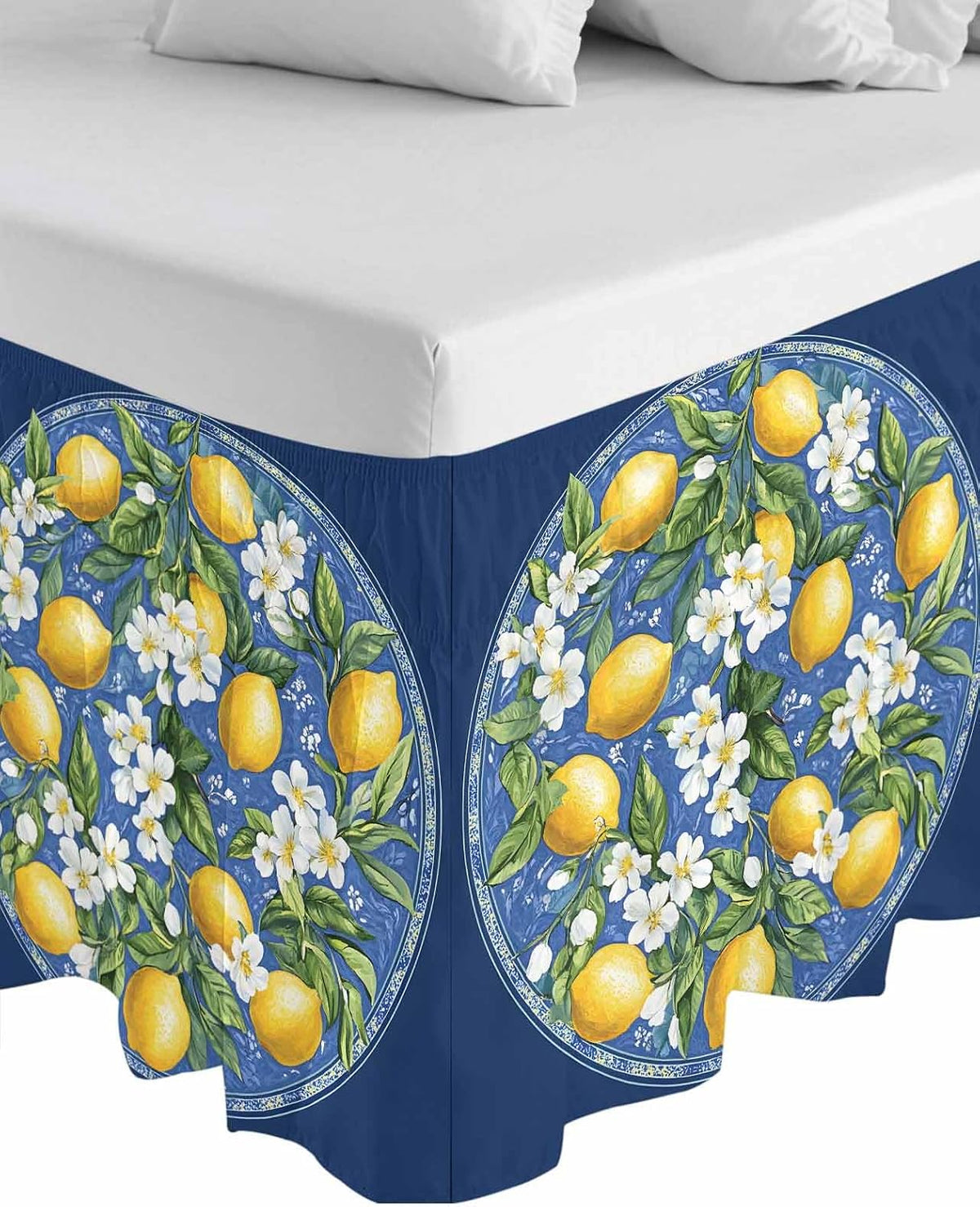 Bed Skirt Boho Summer Yellow Lemons Navy Blue Ruffle Bed Skirt Wrap Around Bed Skirts for Queen Beds 16" Drop,Adjustable Elastic Dust Ruffles Easy Fit and Wrinkle-Free