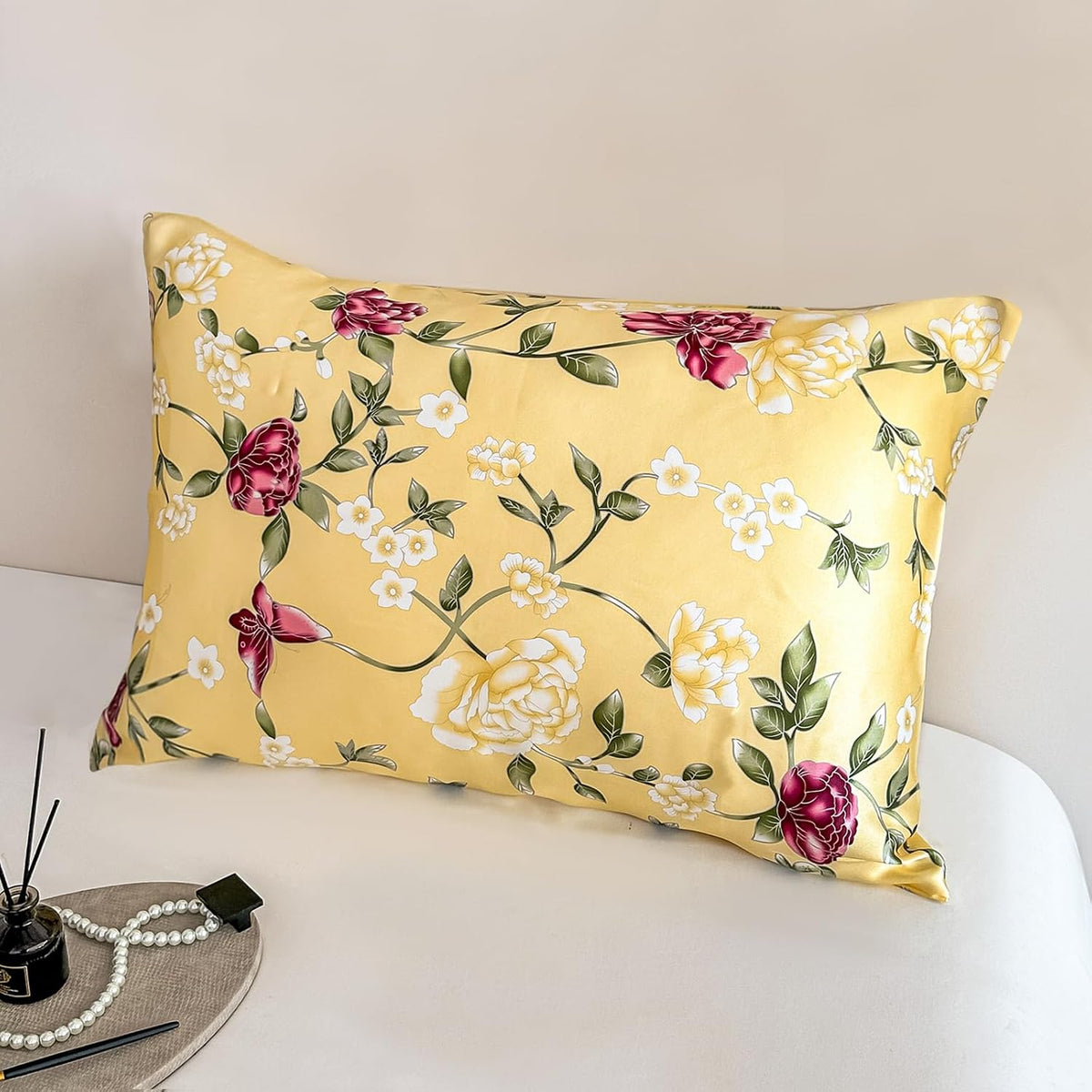 100% Pure Mulberry Silk Pillowcase Standard Size for Hair and Skin,Yellow Real Silk Pillow Cases with Zipper,Soft and Cooling,Both Sides Natural Slip Silk,Floral Print,1pc(20"x26", Pattern5)