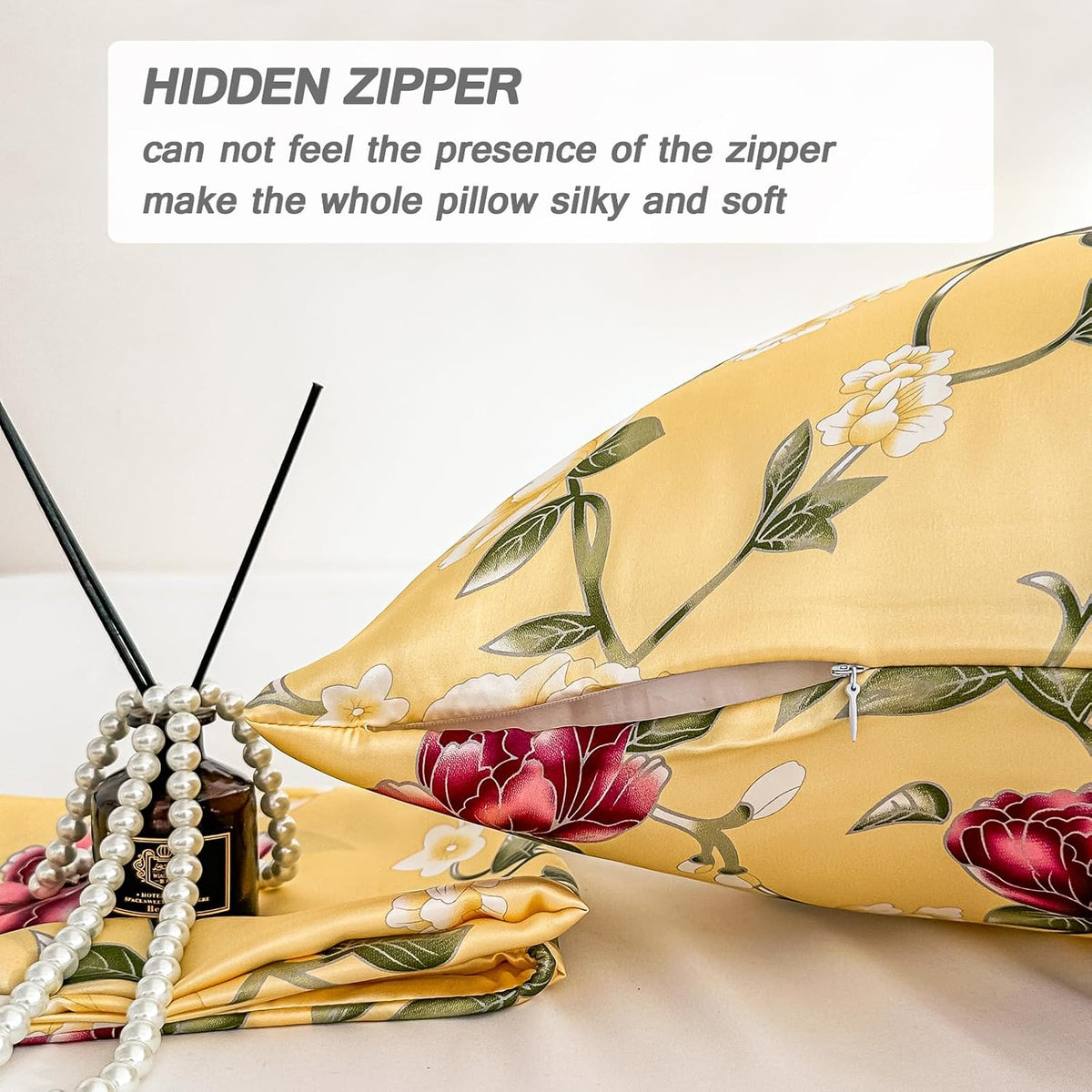 100% Pure Mulberry Silk Pillowcase Standard Size for Hair and Skin,Yellow Real Silk Pillow Cases with Zipper,Soft and Cooling,Both Sides Natural Slip Silk,Floral Print,1pc(20"x26", Pattern5)