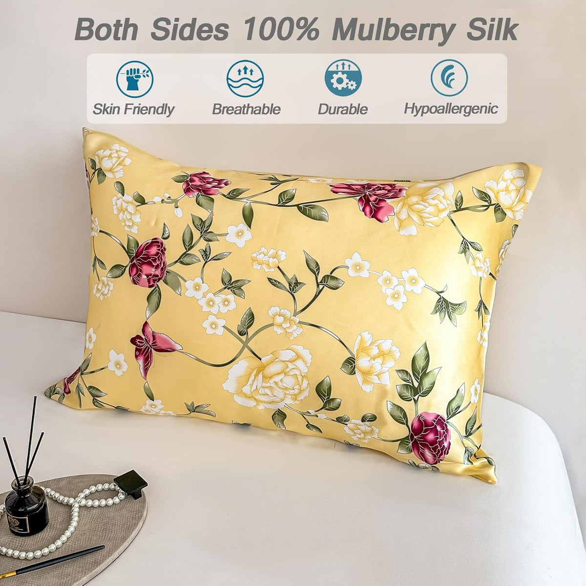 100% Pure Mulberry Silk Pillowcase Standard Size for Hair and Skin,Yellow Real Silk Pillow Cases with Zipper,Soft and Cooling,Both Sides Natural Slip Silk,Floral Print,1pc(20"x26", Pattern5)