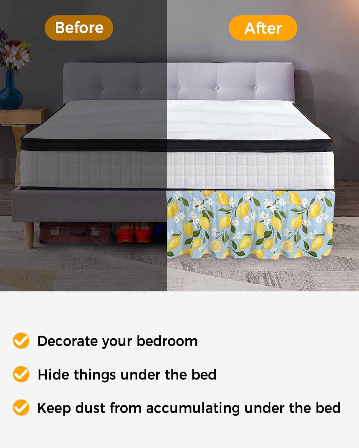 Yellow Lemon Bed Skirt Queen Size 16 Inch Drop, Adjustable Elastic Wrap Around Bed Skirts Easy Fitting Dust Ruffle Bedskirt Bed Frame Cover Spring Summer Floral Botanical