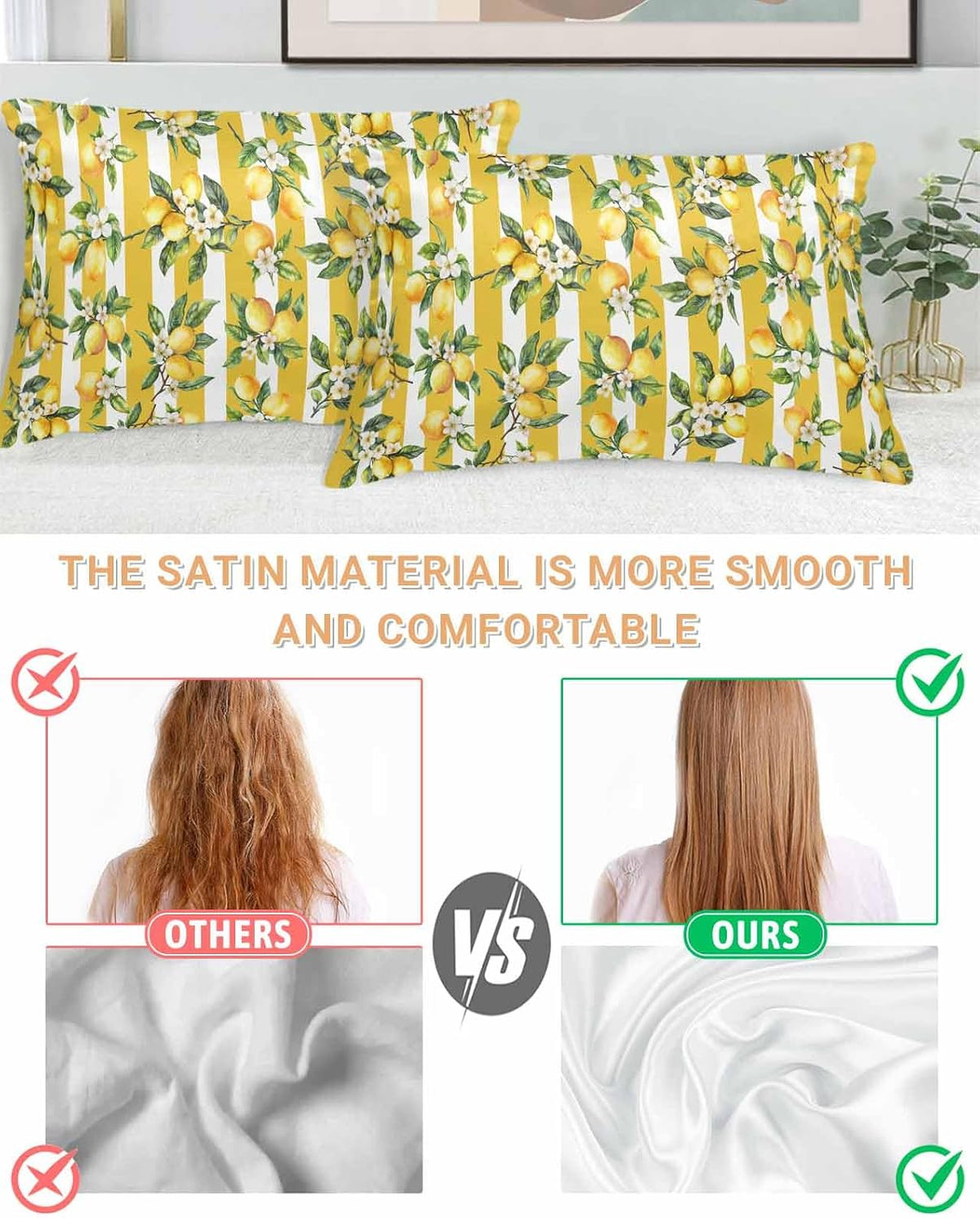 Lemon Standard Pillowcase Set of 2, Summer Yellow Stripes Satin Pillow Case with Smooth Hidden Zipper Closure, Soft Throw Covers for Couch Sofa Home Decoration 20 X 26 Inches