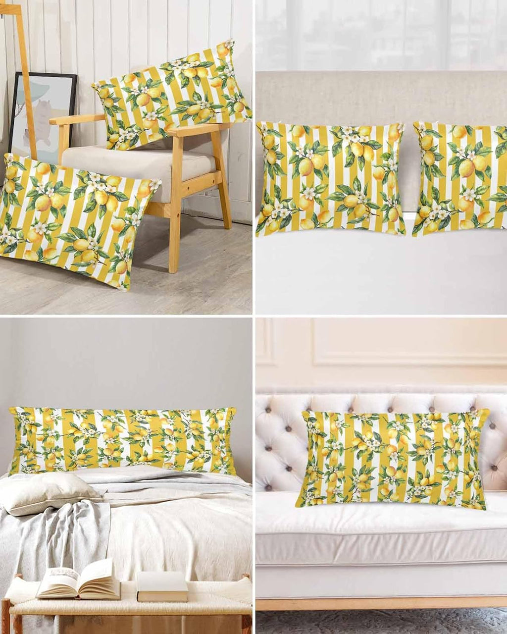 Lemon Standard Pillowcase Set of 2, Summer Yellow Stripes Satin Pillow Case with Smooth Hidden Zipper Closure, Soft Throw Covers for Couch Sofa Home Decoration 20 X 26 Inches