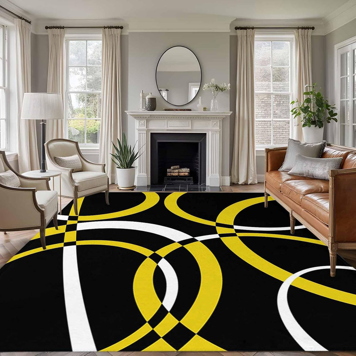 5x7ft Modern Abstract Art Area Rug Non Slip Soft Washable Yellow White Geometric Circle Rectangle Area Rugs Low Pile Indoor Carpet Mat for Bedroom Living Room Dining Entryway