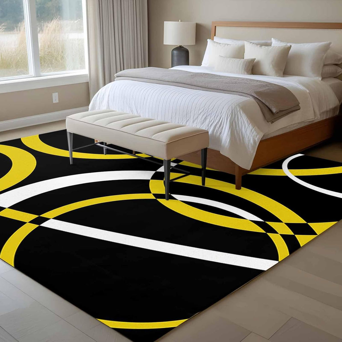 5x7ft Modern Abstract Art Area Rug Non Slip Soft Washable Yellow White Geometric Circle Rectangle Area Rugs Low Pile Indoor Carpet Mat for Bedroom Living Room Dining Entryway