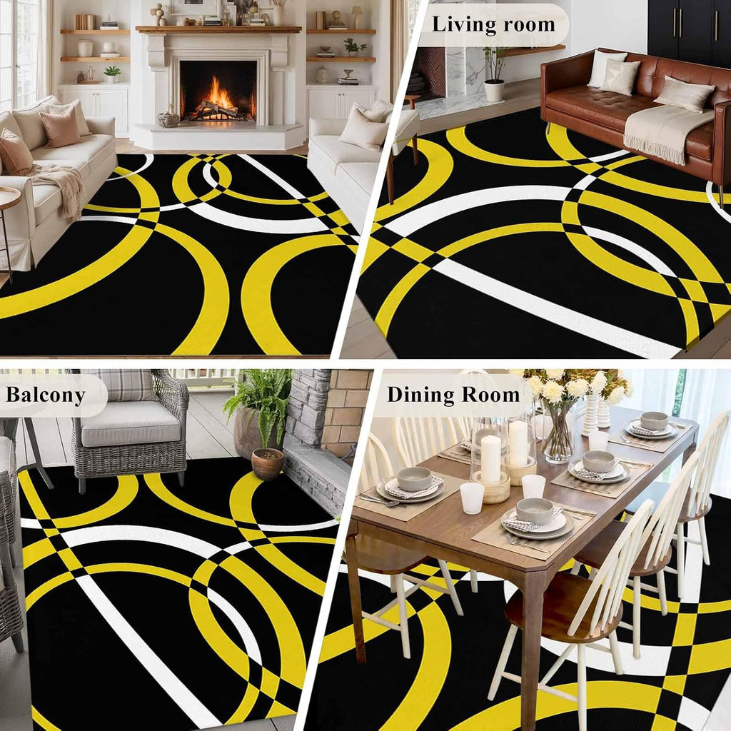 5x7ft Modern Abstract Art Area Rug Non Slip Soft Washable Yellow White Geometric Circle Rectangle Area Rugs Low Pile Indoor Carpet Mat for Bedroom Living Room Dining Entryway