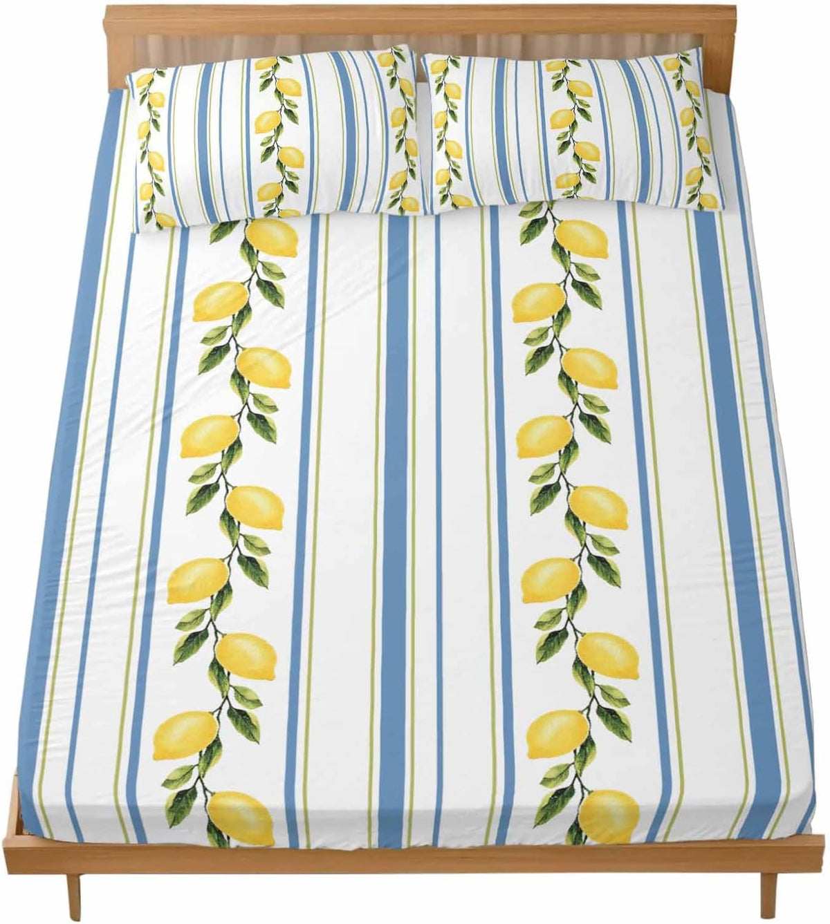 3 Pieces Twin XL Fitted Sheet Set, Summer Lemon Leaves Deep Pocket Up to 16", Blue Yellow Striped Soft Elastic Bed Sheets and Pillow Cases Secure Fit