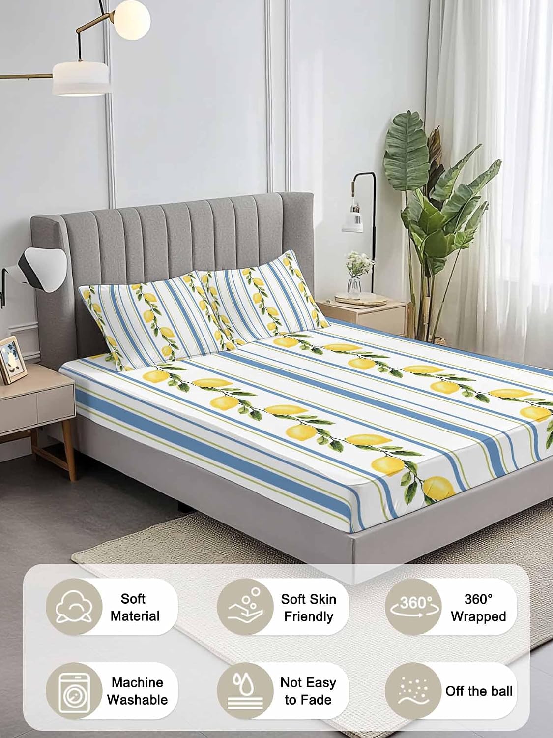 3 Pieces Twin XL Fitted Sheet Set, Summer Lemon Leaves Deep Pocket Up to 16", Blue Yellow Striped Soft Elastic Bed Sheets and Pillow Cases Secure Fit