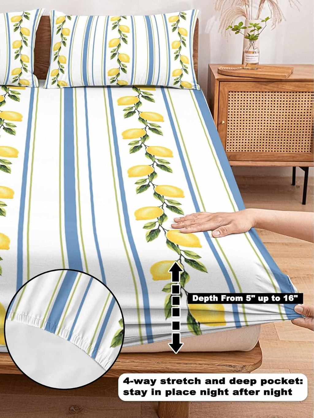 3 Pieces Twin XL Fitted Sheet Set, Summer Lemon Leaves Deep Pocket Up to 16", Blue Yellow Striped Soft Elastic Bed Sheets and Pillow Cases Secure Fit