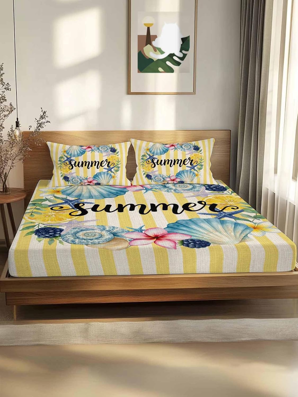 Twin Fitted Sheet, Summer Sea Stars Shells Lemon Soft Brushed Microfiber Deep Pocket Bed Sheets Set, Vintage Yellow Striped Breathable Bottom Sheets with Pillowcase,Fits Mattress Up to 16"
