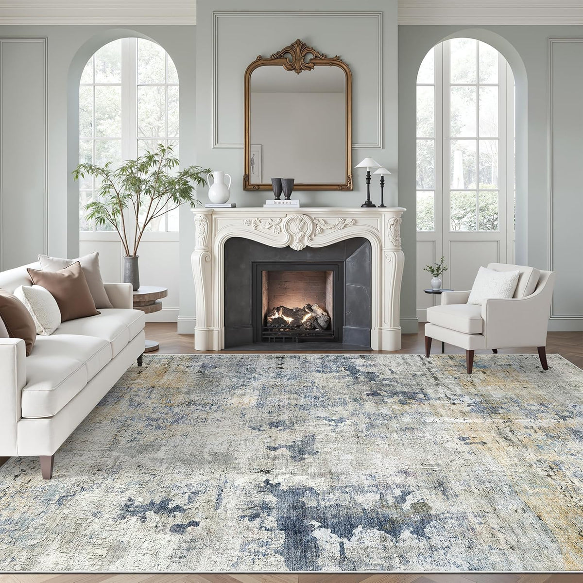 Abstract Rug 8x10 Large Living Room Area Rugs Washable Blue/Yellow