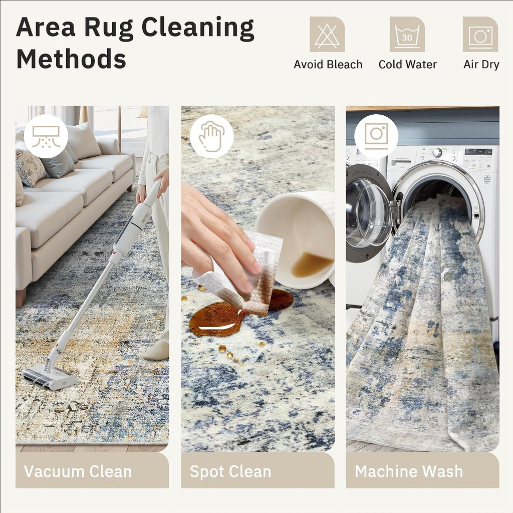 Abstract Rug 8x10 Large Living Room Area Rugs Washable Blue/Yellow