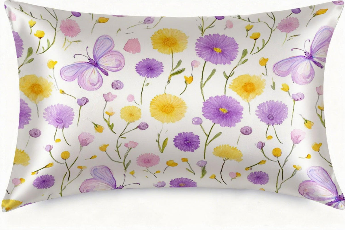 Satin Pillowcase with Zipper for Hair and Skin Yellow Purple Floral and Butterfly 1 Pack Soft Silk Pillow Case Standard Size Wrinkle-Free Smooth and Cooling Satin Pillow Cover 20”x26”