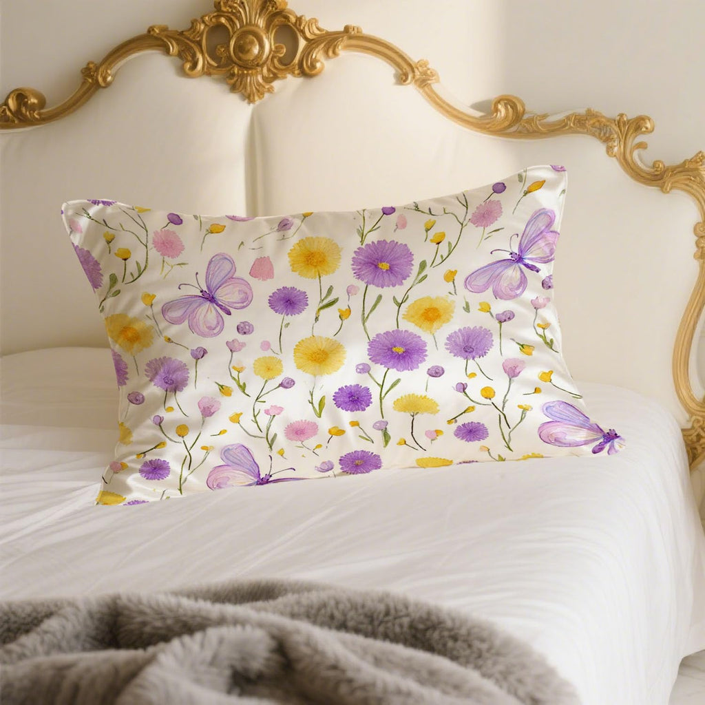 Satin Pillowcase with Zipper for Hair and Skin Yellow Purple Floral and Butterfly 1 Pack Soft Silk Pillow Case Standard Size Wrinkle-Free Smooth and Cooling Satin Pillow Cover 20”x26”