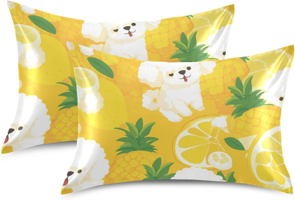 Satin Pillowcase 1 Pack Pillow Case with Envelope Closure Standard Size Pillow Cover 26 x 20 Inch Soft Breathable Poodle and Lemon Yellow