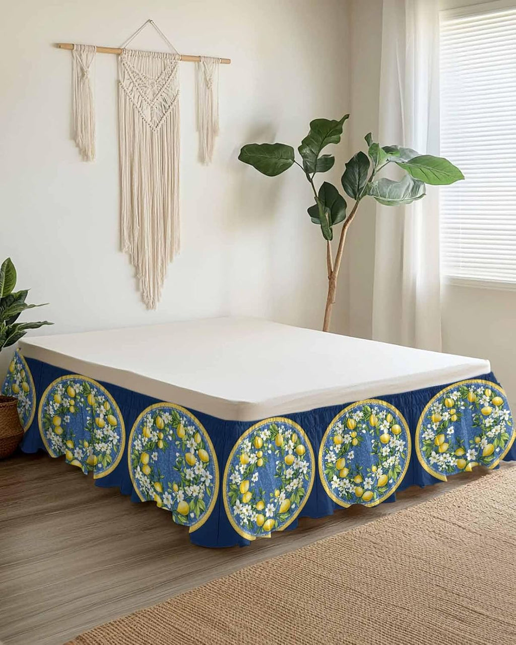 Bed Skirt Yellow Lemons Bohemian Summer Navy Blue Ruffle Bed Skirt Wrap Around Bed Skirts for Queen Beds 16" Drop,Adjustable Elastic Dust Ruffles Easy Fit and Wrinkle-Free