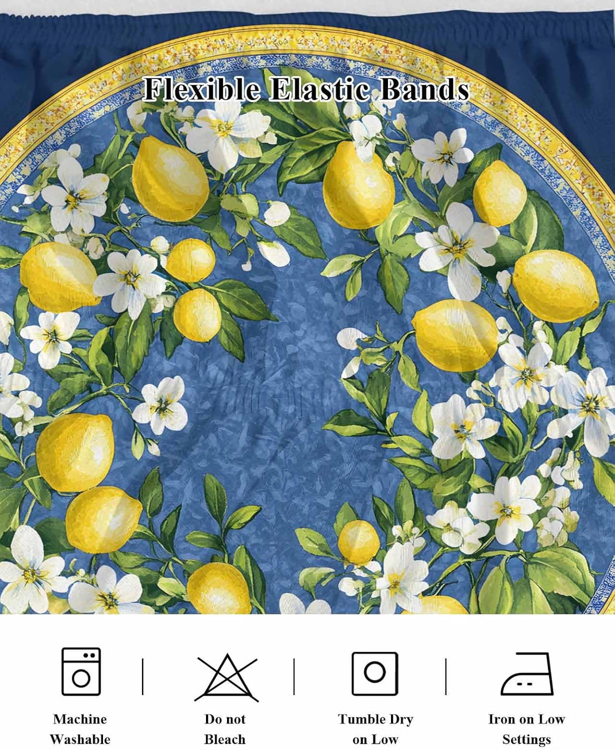 Bed Skirt Yellow Lemons Bohemian Summer Navy Blue Ruffle Bed Skirt Wrap Around Bed Skirts for Queen Beds 16" Drop,Adjustable Elastic Dust Ruffles Easy Fit and Wrinkle-Free