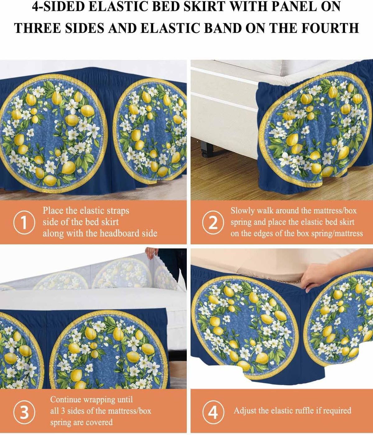 Bed Skirt Yellow Lemons Bohemian Summer Navy Blue Ruffle Bed Skirt Wrap Around Bed Skirts for Queen Beds 16" Drop,Adjustable Elastic Dust Ruffles Easy Fit and Wrinkle-Free
