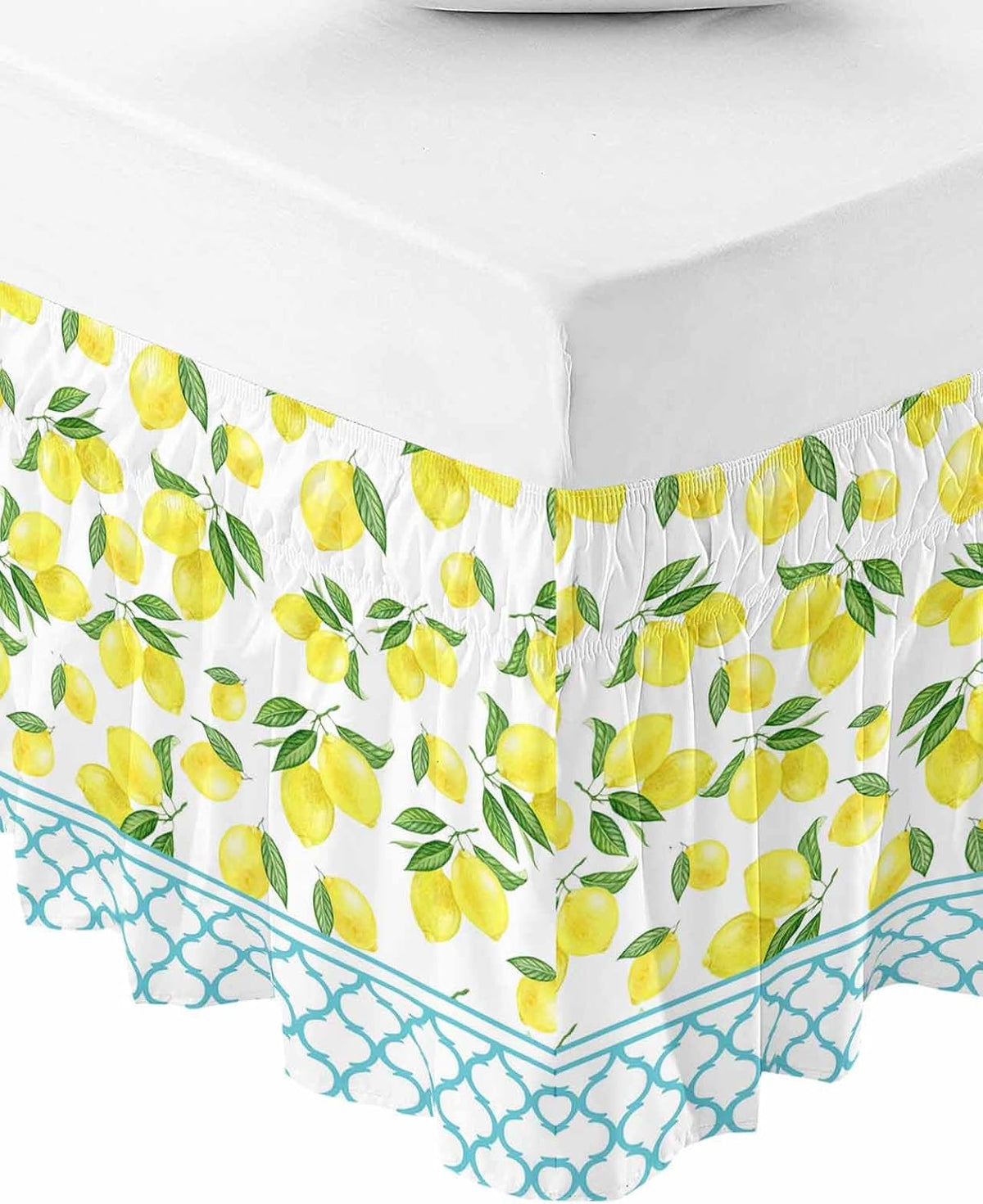 Yellow Lemon Bed Skirt Queen Size 16 Inch Drop, Adjustable Elastic Wrap Around Bed Skirts Easy Fitting Dust Ruffle Bedskirt Bed Frame Cover Farmhouse Summer Botanical Watercolor