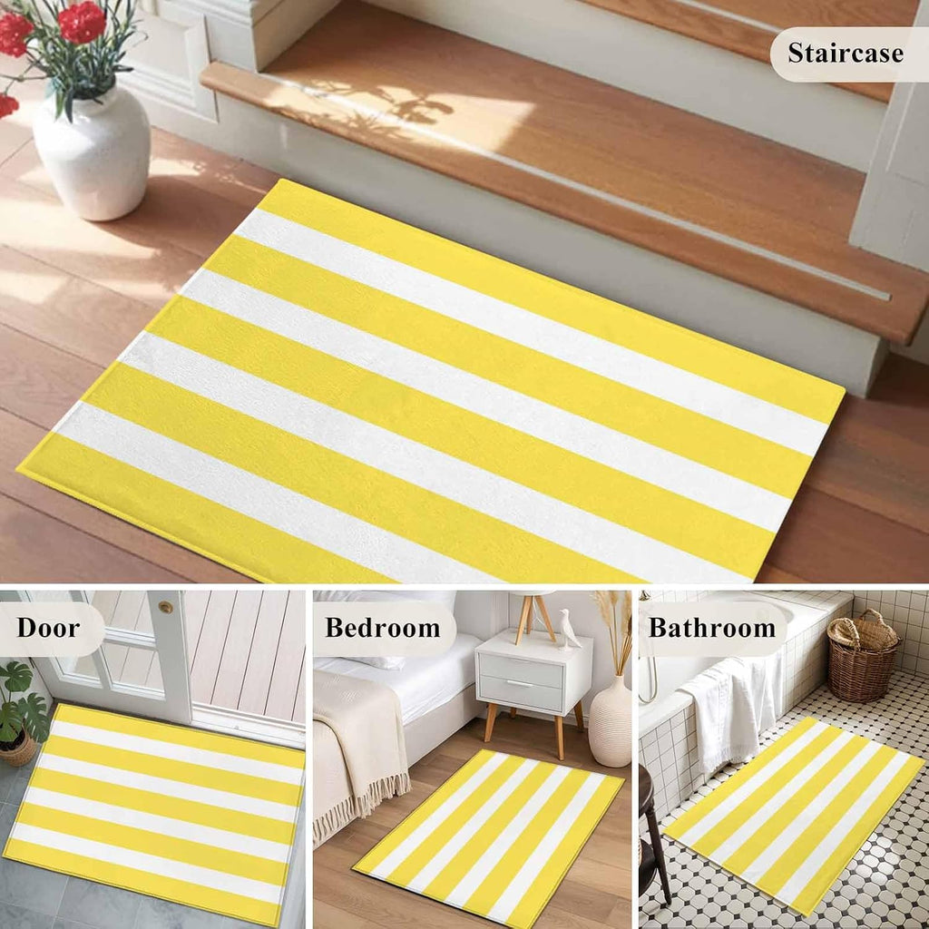 2x3 Ft Entryway Area Rug, Yellow Striped Kitchen Rug Runner Floor Mat, Modern Simple Monochrome Geometric White Non Slip Indoor Door Mat Throw Carpet for Bathroom Living Room Bedroom