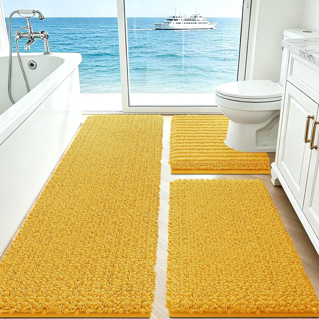 Upgrade Extra Large Gold Bathroom Rug Set 3 Pieces Ultra Soft, Thick Absorbent Bath Mats, Non Slip Chenille Toilet Mat for Bathroom, Bedroom, Kitchen, Yellow