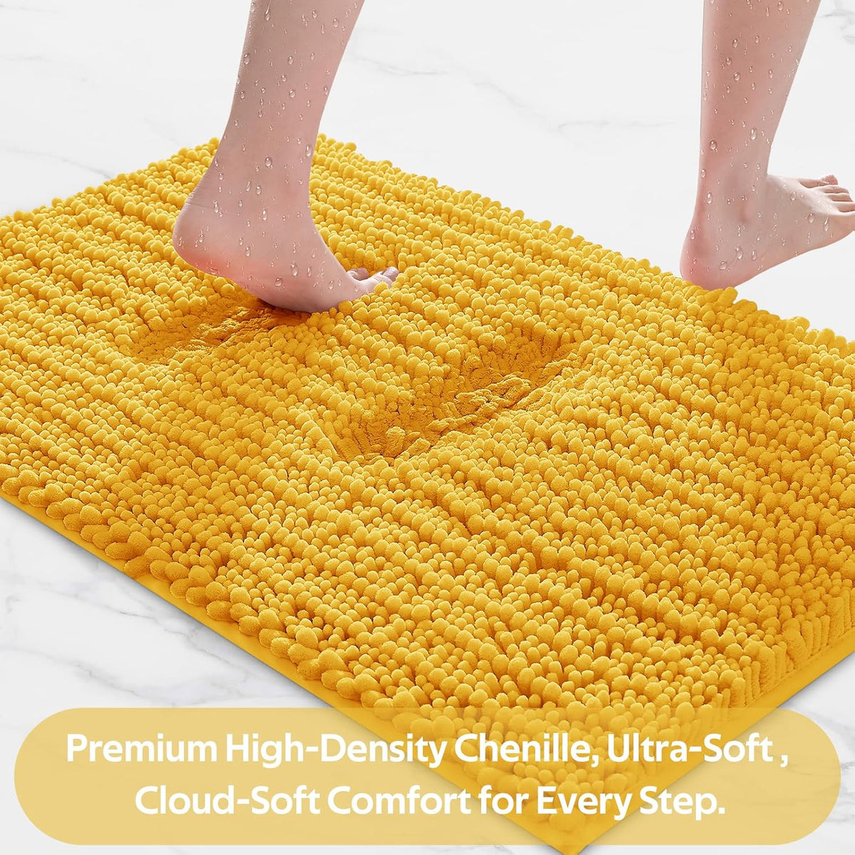 Upgrade Extra Large Gold Bathroom Rug Set 3 Pieces Ultra Soft, Thick Absorbent Bath Mats, Non Slip Chenille Toilet Mat for Bathroom, Bedroom, Kitchen, Yellow