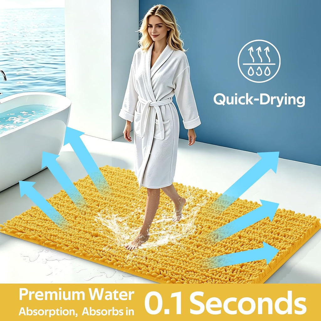 Upgrade Extra Large Gold Bathroom Rug Set 3 Pieces Ultra Soft, Thick Absorbent Bath Mats, Non Slip Chenille Toilet Mat for Bathroom, Bedroom, Kitchen, Yellow