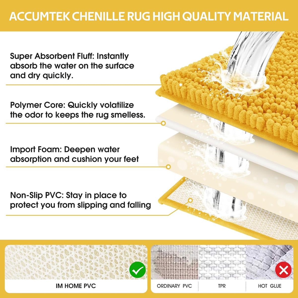 Upgrade Extra Large Gold Bathroom Rug Set 3 Pieces Ultra Soft, Thick Absorbent Bath Mats, Non Slip Chenille Toilet Mat for Bathroom, Bedroom, Kitchen, Yellow