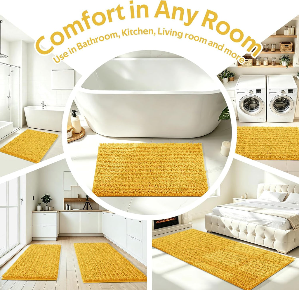 Upgrade Extra Large Gold Bathroom Rug Set 3 Pieces Ultra Soft, Thick Absorbent Bath Mats, Non Slip Chenille Toilet Mat for Bathroom, Bedroom, Kitchen, Yellow