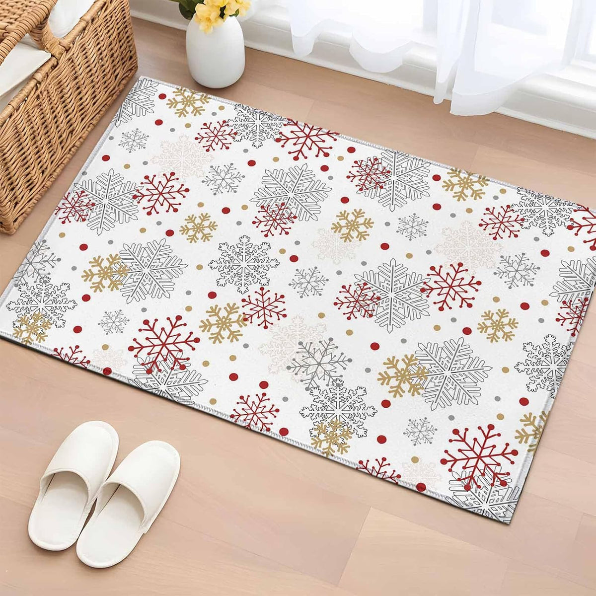 Merry Christmas 2x3 Area Rugs for Living Room, Vintage Watercolors Winter Red Yellow White Snowflakes Non Slip Floor Mat Washable Low-Profile Indoor Carpet for Bedroom, Dining Room, Bathroom