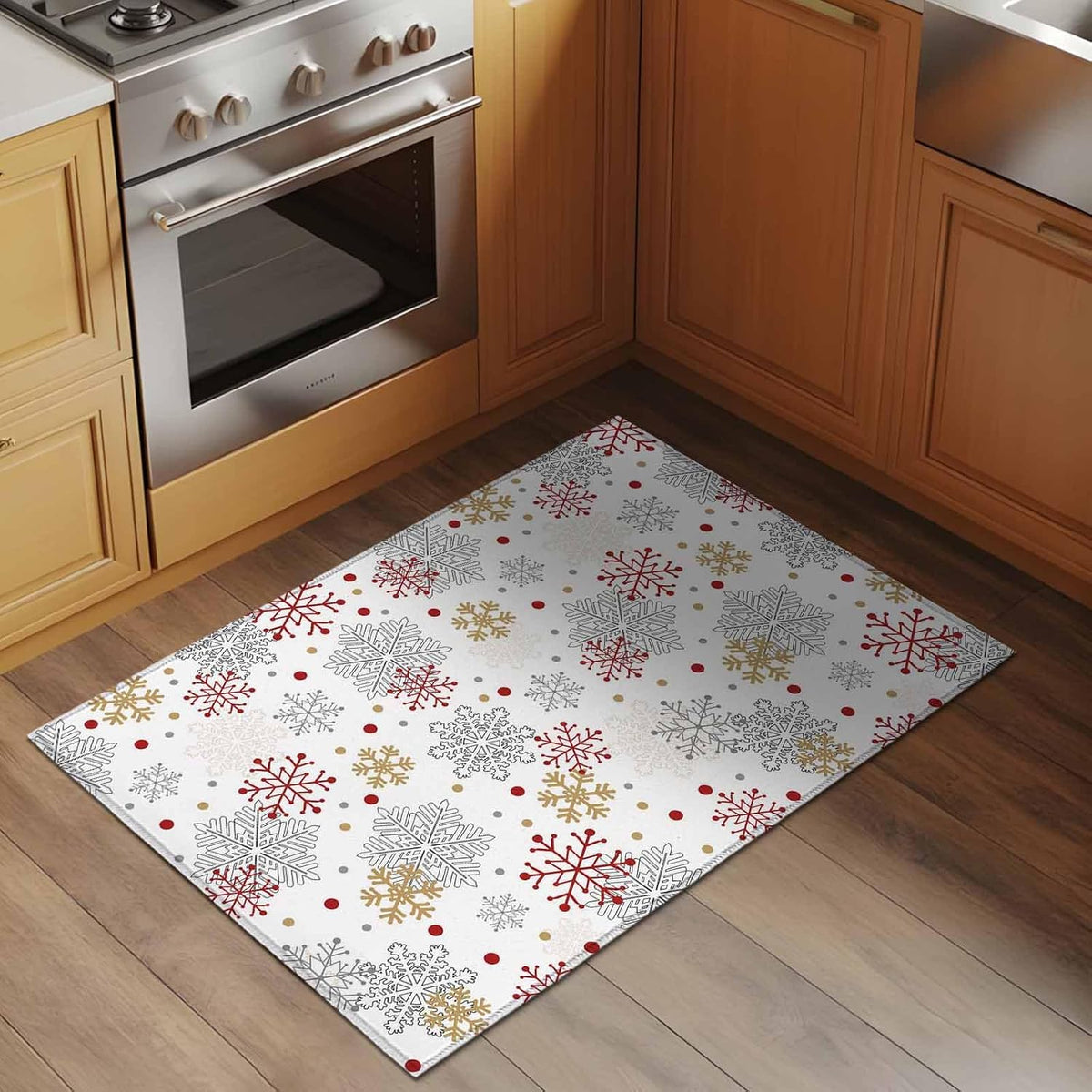Merry Christmas 2x3 Area Rugs for Living Room, Vintage Watercolors Winter Red Yellow White Snowflakes Non Slip Floor Mat Washable Low-Profile Indoor Carpet for Bedroom, Dining Room, Bathroom