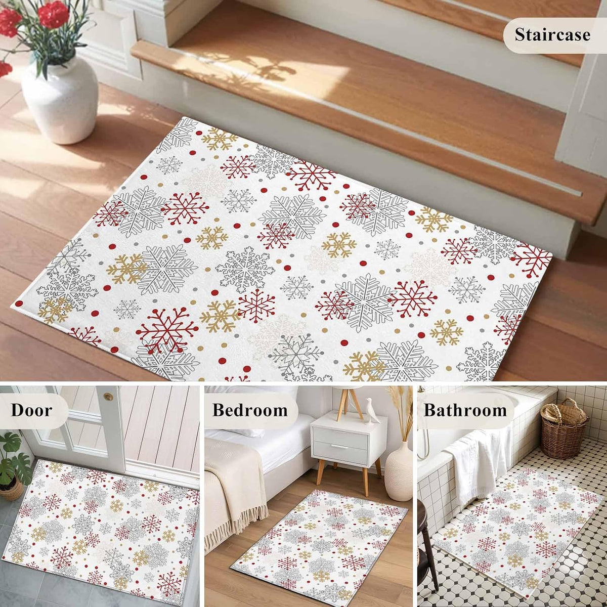 Merry Christmas 2x3 Area Rugs for Living Room, Vintage Watercolors Winter Red Yellow White Snowflakes Non Slip Floor Mat Washable Low-Profile Indoor Carpet for Bedroom, Dining Room, Bathroom