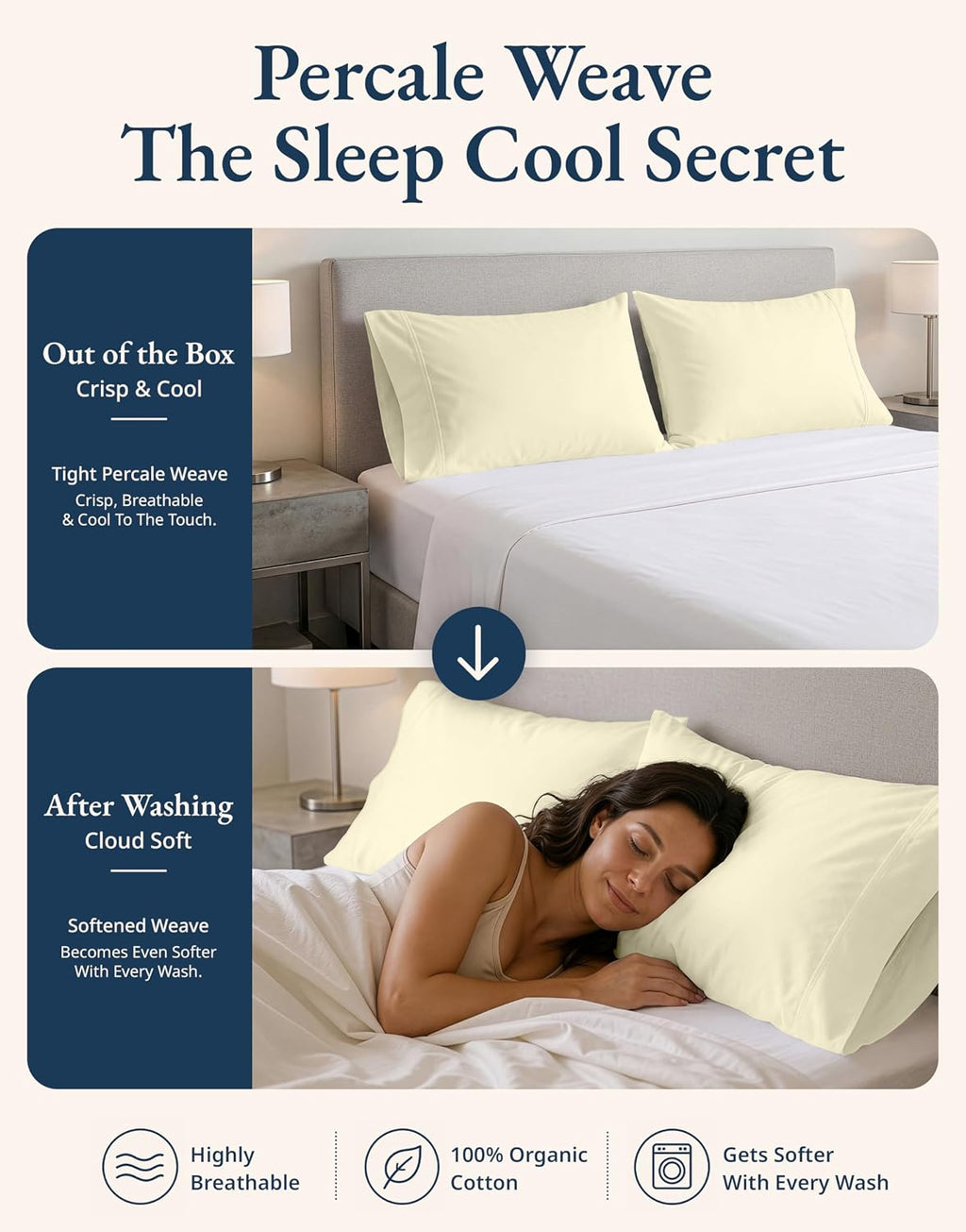 100% Organic Cotton King Size Pillow Cases Set of 2 (20''x36'') Pure Organic Cotton Pillowcases Light Yellow