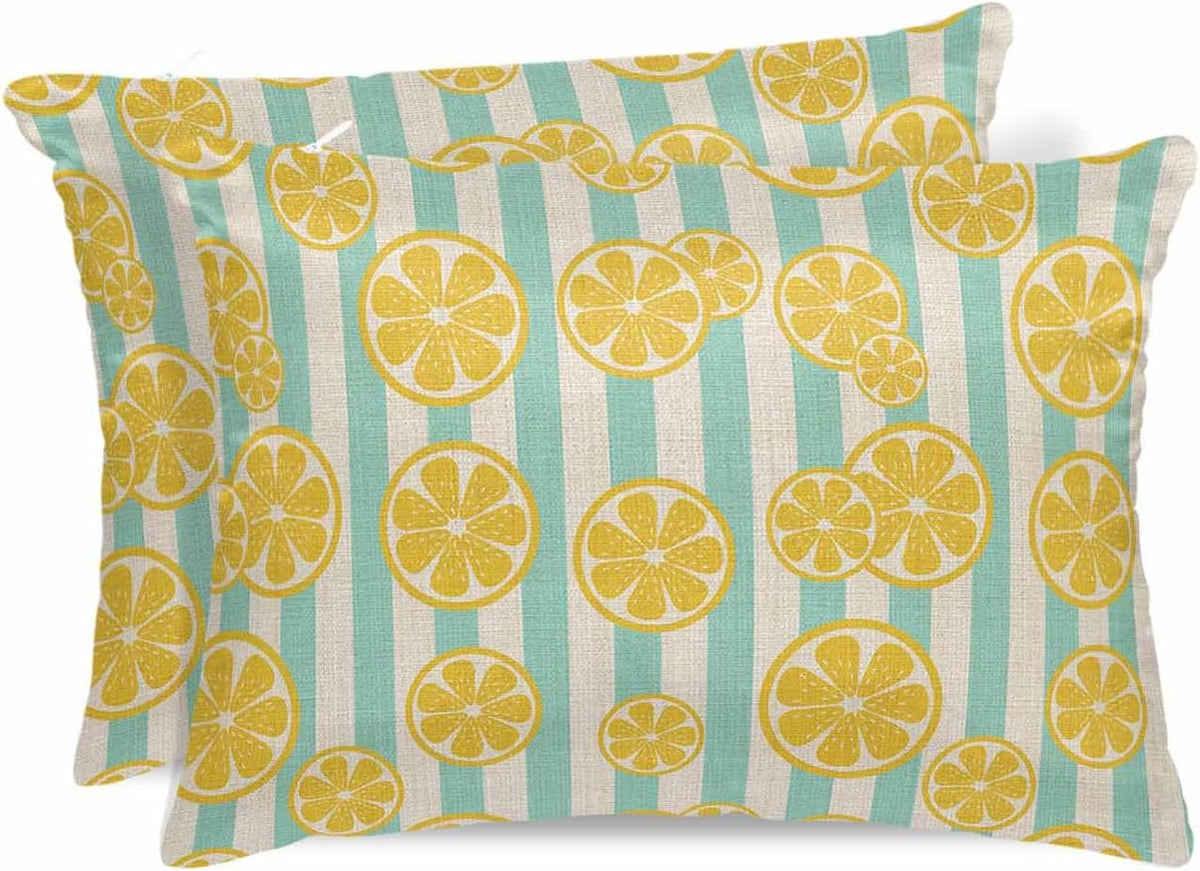 Satin Pillowcase for Hair and Skin, Yellow Lemon Teal Stripes Linen Background Silky Pillow Cases Standard Size with Zipper 2 Pack Soft Cooling Pillow Cover for Women Men, 20''x26''
