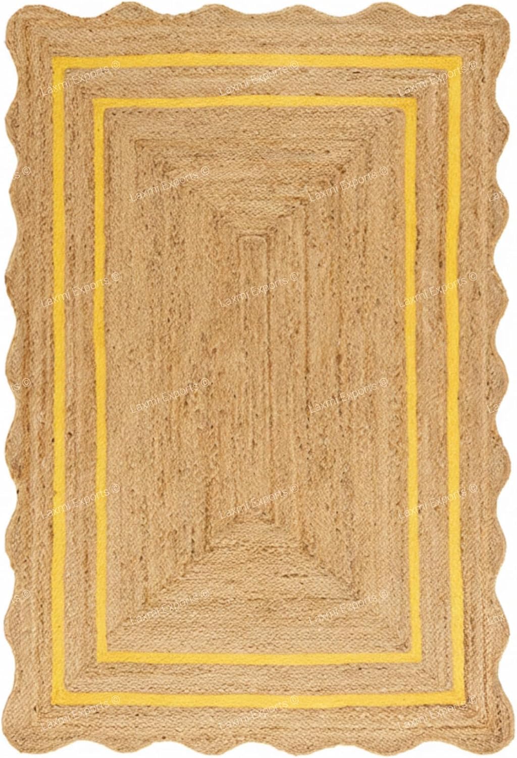 Natural Jute Wave Scalloped Area Rug 2x12 Ft - Yellow Runner Stripe Rugs for Home & Kitchen, Handmade Carpet, Natural Jute Hallway Large Rectangular Area Rug