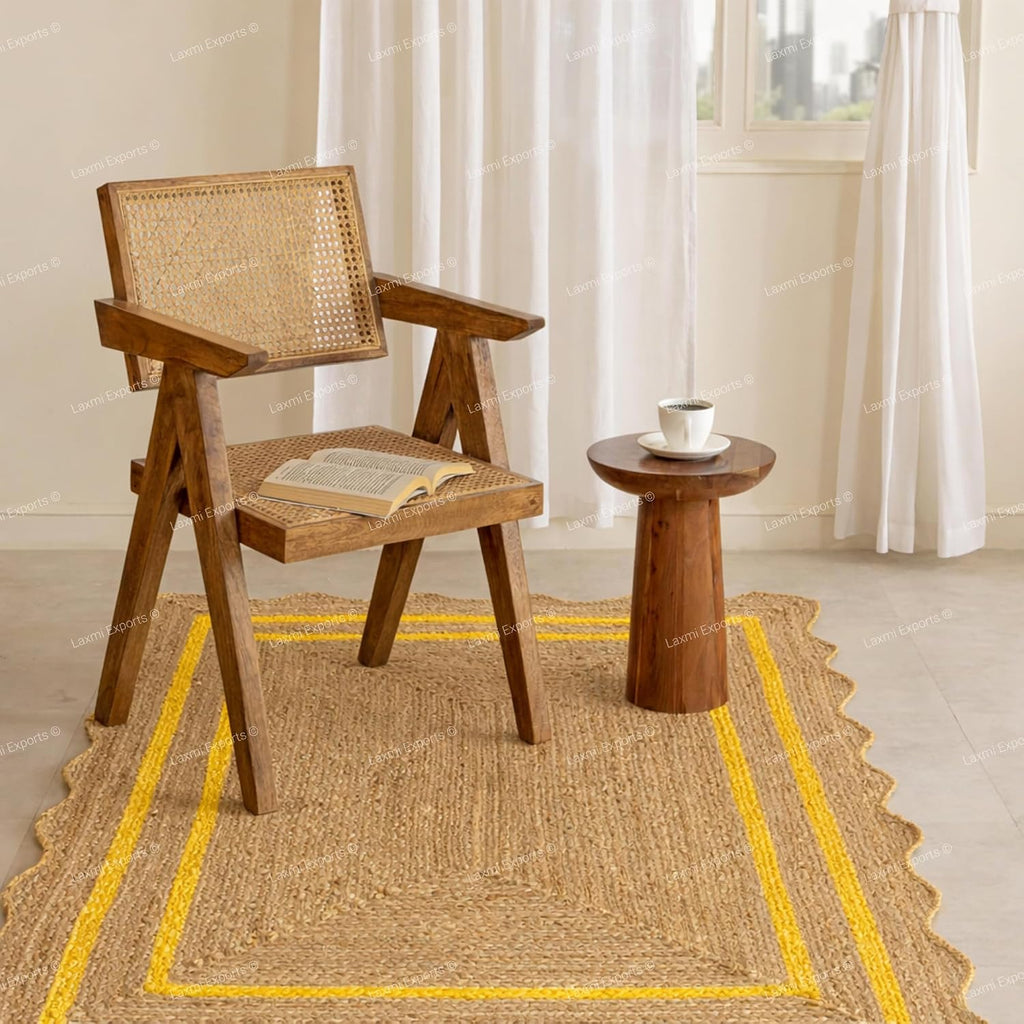Natural Jute Wave Scalloped Area Rug 2x12 Ft - Yellow Runner Stripe Rugs for Home & Kitchen, Handmade Carpet, Natural Jute Hallway Large Rectangular Area Rug