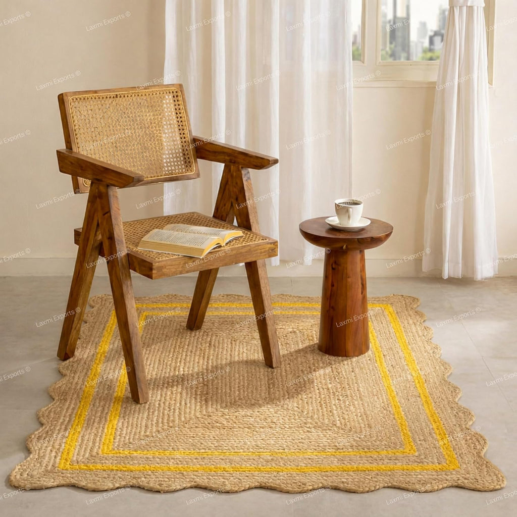 Natural Jute Wave Scalloped Area Rug 2x12 Ft - Yellow Runner Stripe Rugs for Home & Kitchen, Handmade Carpet, Natural Jute Hallway Large Rectangular Area Rug