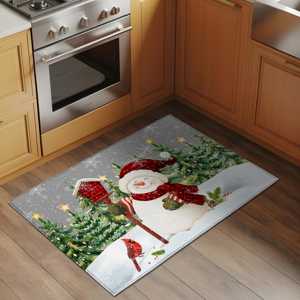 Rectangle Area Rug 2x3ft, Xmas Snowman Pine Tree on Gray Non-Shedding Washable Area Rug, Winter Snowflake Yellow Star Non Slip Low-Profile Rugs for Living Room, Bedroom Dining Room