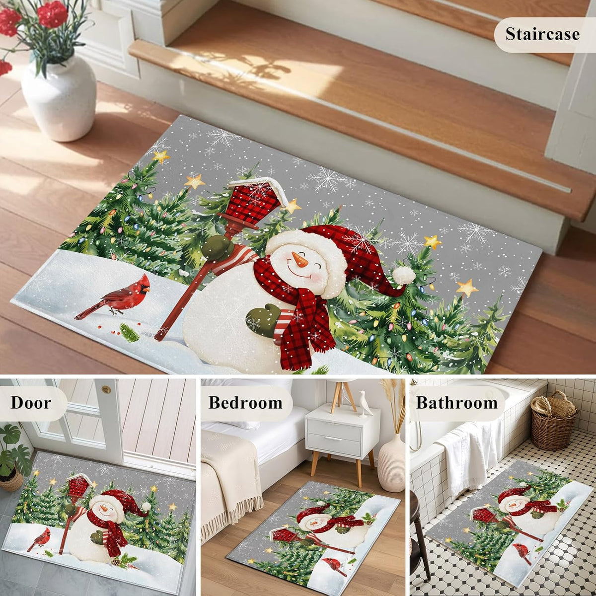 Rectangle Area Rug 2x3ft, Xmas Snowman Pine Tree on Gray Non-Shedding Washable Area Rug, Winter Snowflake Yellow Star Non Slip Low-Profile Rugs for Living Room, Bedroom Dining Room