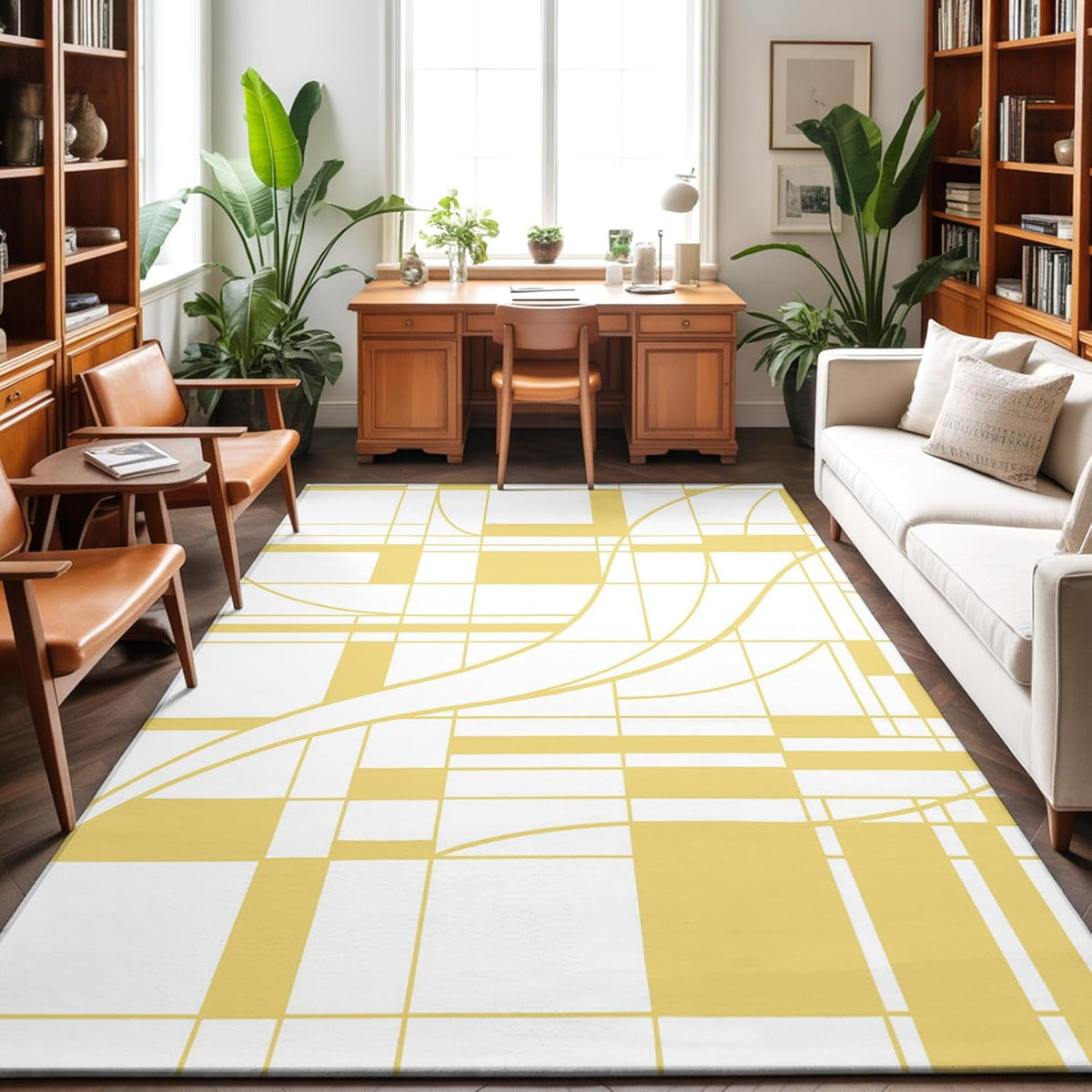 Abstract Modern Yellow Geometric Art Area Rug 4x6,Minimalist Stripe Square Non Slip Round Rugs for Living Room,Soft Floor Mat Washable Low Pile Carpet for Bedroom Dining Room Entryway