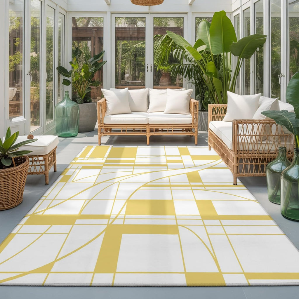 Abstract Modern Yellow Geometric Art Area Rug 4x6,Minimalist Stripe Square Non Slip Round Rugs for Living Room,Soft Floor Mat Washable Low Pile Carpet for Bedroom Dining Room Entryway