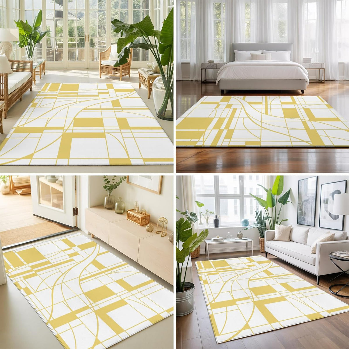 Abstract Modern Yellow Geometric Art Area Rug 4x6,Minimalist Stripe Square Non Slip Round Rugs for Living Room,Soft Floor Mat Washable Low Pile Carpet for Bedroom Dining Room Entryway