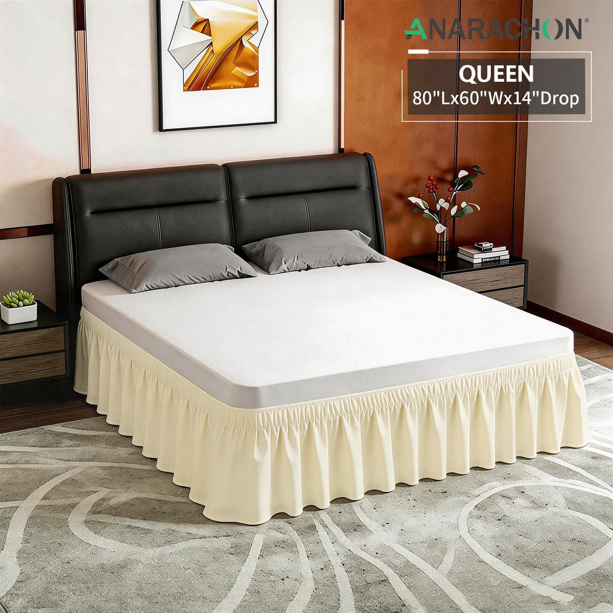 Queen Bed Skirt, Elastic Wrap Around Bed Skirt Queen Size, Bed Skirts for Adjustable Bed, Easy Fit with 14" Drop Length Tailored Drop Dust Ruffle (Light Yellow)