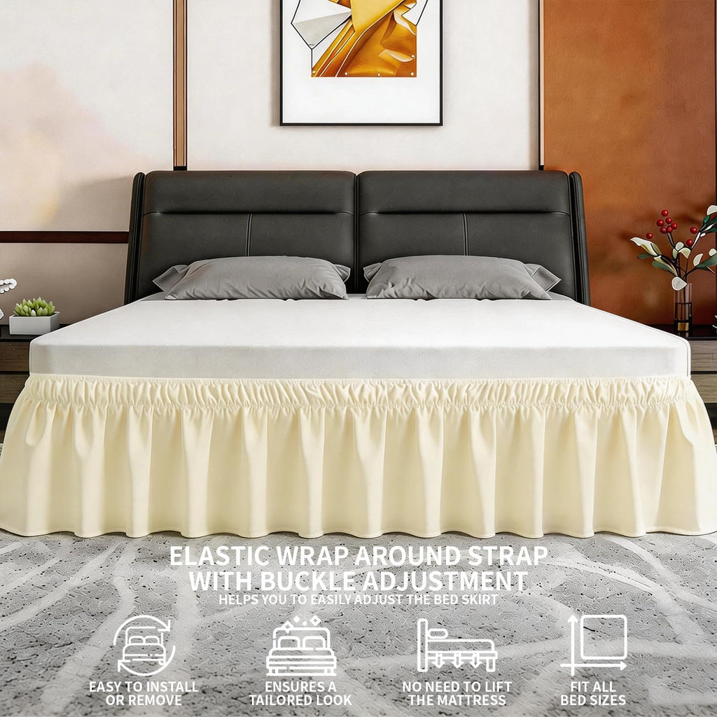 Queen Bed Skirt, Elastic Wrap Around Bed Skirt Queen Size, Bed Skirts for Adjustable Bed, Easy Fit with 14" Drop Length Tailored Drop Dust Ruffle (Light Yellow)