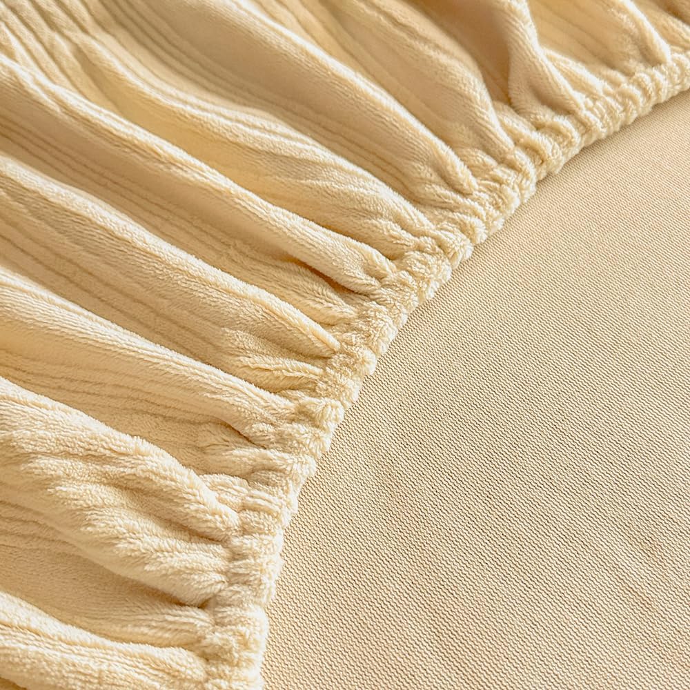 Velvet Fitted Sheet King Size - Soft Bed Sheet with Luxurious Water Wave Pattern, Elastic Deep Pocket Mattress Cover 15" for a Secure Fit, No Pillowcases, Light Yellow