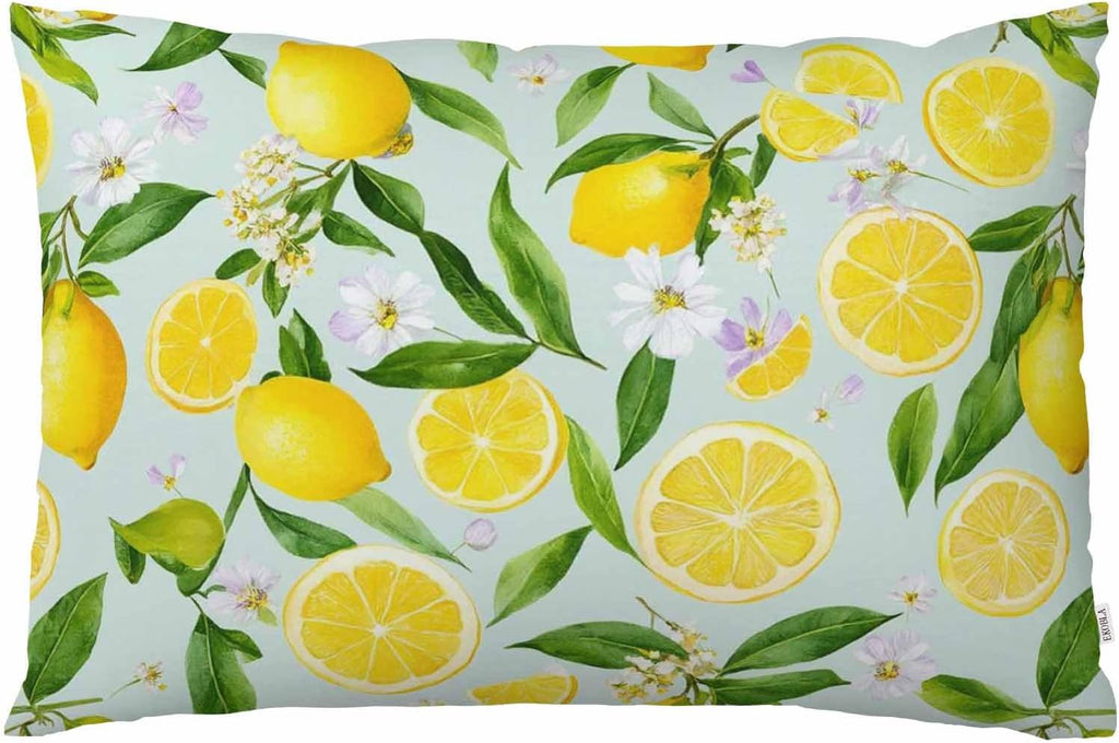 Throw Pillow Cover Lemon Summer Lemon Fruits Tree Branches Leaves White Little Flower Yellow Green Decor Lumbar Pillow Case Cushion for Sofa Couch Bed Standard Queen Size 20x30 Inch