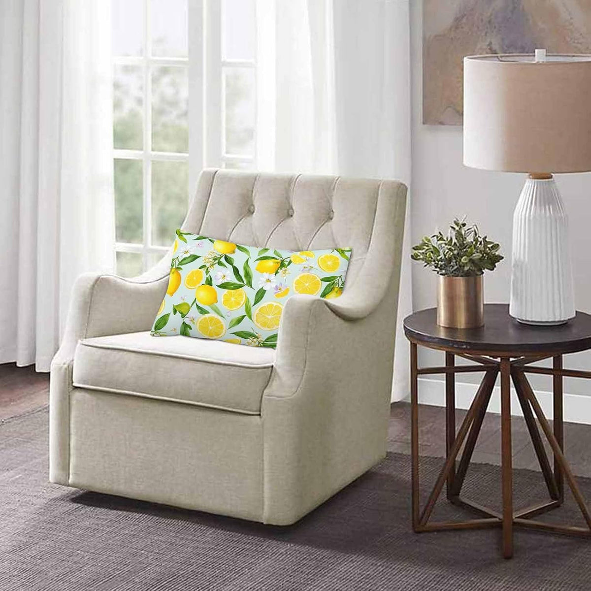 Throw Pillow Cover Lemon Summer Lemon Fruits Tree Branches Leaves White Little Flower Yellow Green Decor Lumbar Pillow Case Cushion for Sofa Couch Bed Standard Queen Size 20x30 Inch