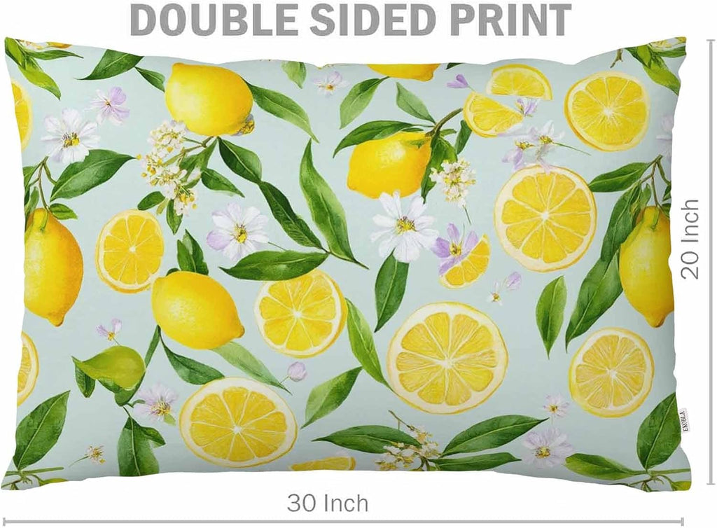 Throw Pillow Cover Lemon Summer Lemon Fruits Tree Branches Leaves White Little Flower Yellow Green Decor Lumbar Pillow Case Cushion for Sofa Couch Bed Standard Queen Size 20x30 Inch
