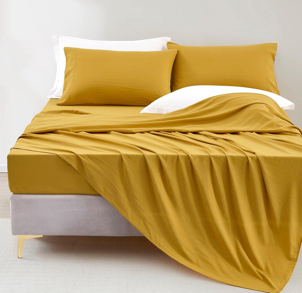 Soft Washed Queen Bed Sheet Set - 4-Piece Brushed Microfiber Wrinkle & Fade Resistant 14-Inches Deep Pocket Sheets & Pillowcases Set - Queen, Mustard Yellow